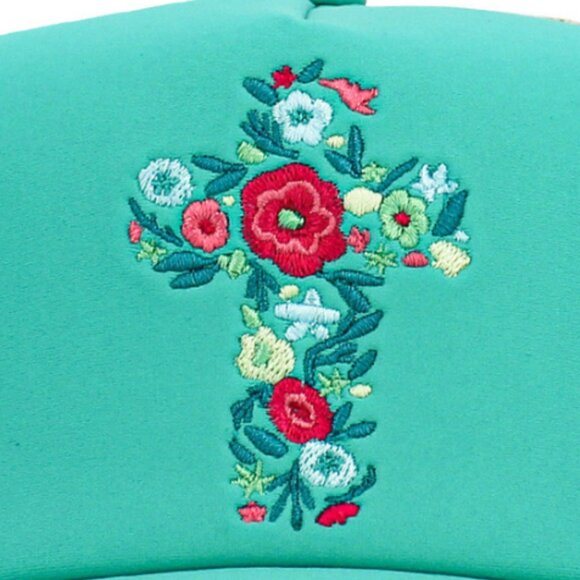 KBETHOS Floral Cross Embroidered Trucker Hat Baseball Cap Turquoise NWT - Picture 3 of 3